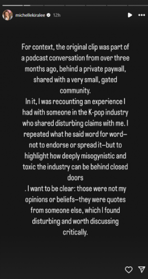 Michelle Kira’s Statement On Insta